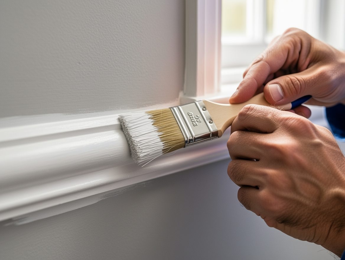 Painter preparing skirting in a British home